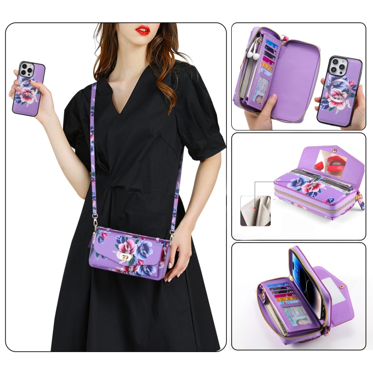 For iPhone 14 Pro Max Flower Multi-functional Crossbody Zipper Wallet MagSafe Leather Phone Case(Purple) by bashfashion