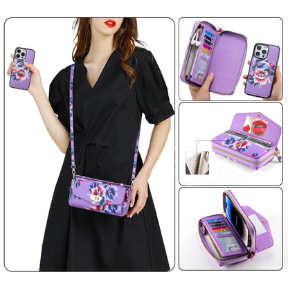 For iPhone 14 Pro Max Flower Multi-functional Crossbody Zipper Wallet MagSafe Leather Phone Case(Purple) by bashfashion