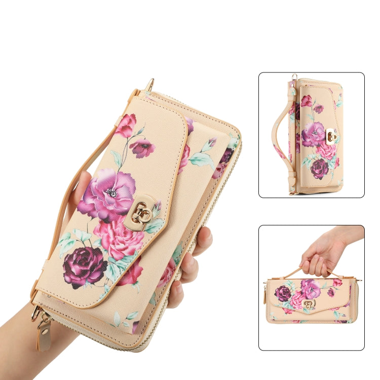 For iPhone 14 Pro Max Flower Multi-functional Crossbody Zipper Wallet MagSafe Leather Phone Case(Yellow) by bashfashion