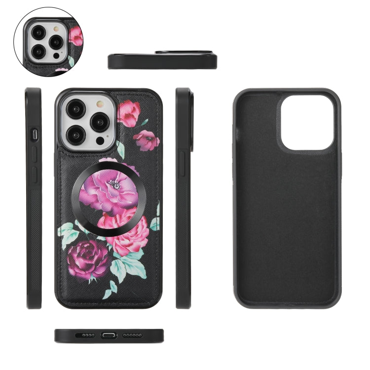 For iPhone 14 Plus Flower Multi-functional Crossbody Zipper Wallet MagSafe Leather Phone Case(Black) by bashfashion