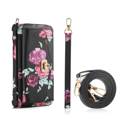 For iPhone 14 Plus Flower Multi-functional Crossbody Zipper Wallet MagSafe Leather Phone Case(Black) by bashfashion