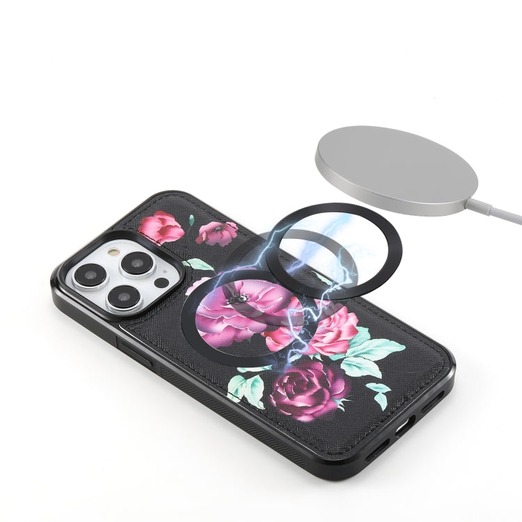 For iPhone 14 Plus Flower Multi-functional Crossbody Zipper Wallet MagSafe Leather Phone Case(Black) by bashfashion