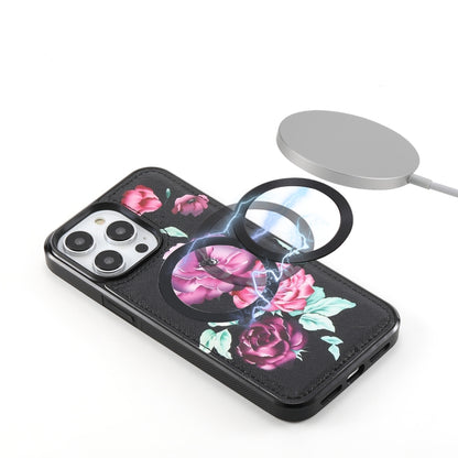 For iPhone 14 Plus Flower Multi-functional Crossbody Zipper Wallet MagSafe Leather Phone Case(Black) by bashfashion