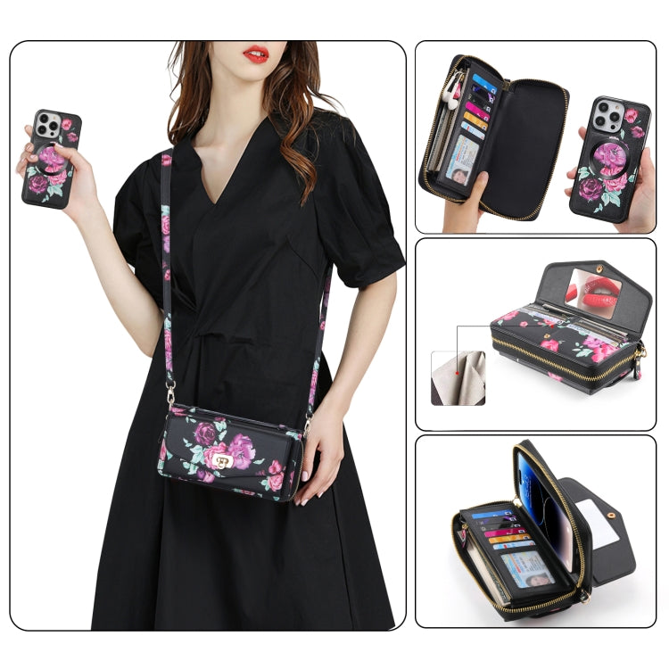 For iPhone 14 Plus Flower Multi-functional Crossbody Zipper Wallet MagSafe Leather Phone Case(Black) by bashfashion