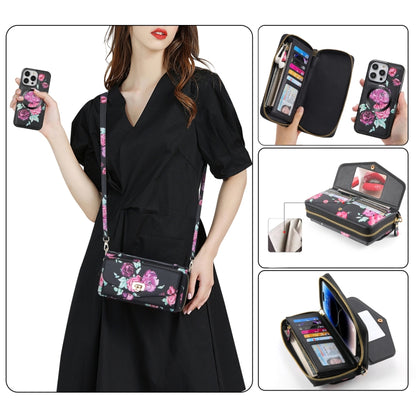 For iPhone 14 Plus Flower Multi-functional Crossbody Zipper Wallet MagSafe Leather Phone Case(Black) by bashfashion