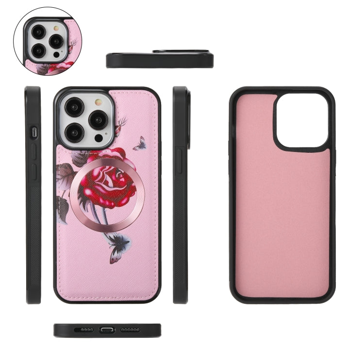 For iPhone 14 Plus Flower Multi-functional Crossbody Zipper Wallet MagSafe Leather Phone Case(Pink) by bashfashion