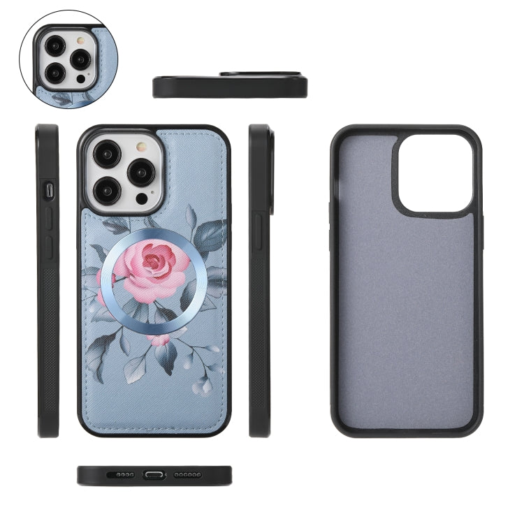 For iPhone 14 Plus Flower Multi-functional Crossbody Zipper Wallet MagSafe Leather Phone Case(Blue) by bashfashion