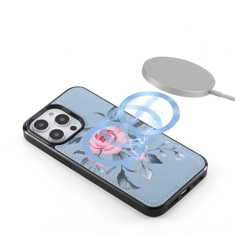 For iPhone 14 Plus Flower Multi-functional Crossbody Zipper Wallet MagSafe Leather Phone Case(Blue) by bashfashion