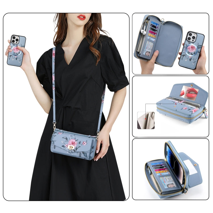 For iPhone 14 Plus Flower Multi-functional Crossbody Zipper Wallet MagSafe Leather Phone Case(Blue) by bashfashion