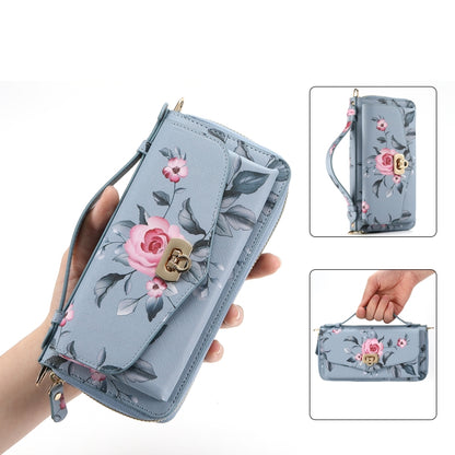 For iPhone 13 Flower Multi-functional Crossbody Zipper Wallet MagSafe Leather Phone Case(Blue) by bashfashion