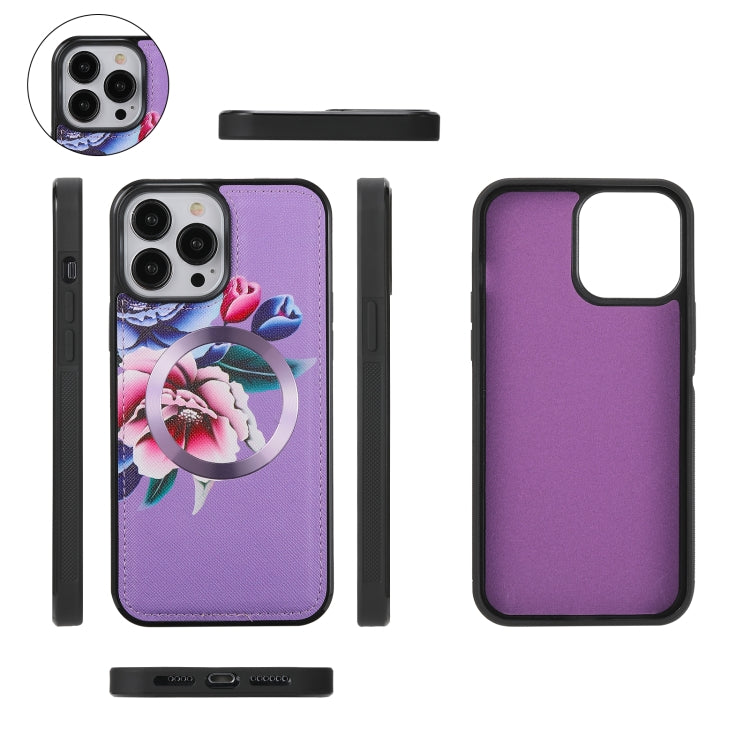For iPhone 13 Flower Multi-functional Crossbody Zipper Wallet MagSafe Leather Phone Case(Purple) by bashfashion