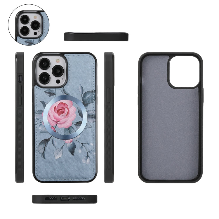 For iPhone 13 Pro Flower Multi-functional Crossbody Zipper Wallet MagSafe Leather Phone Case(Blue) by bashfashion
