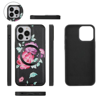 For iPhone 13 Pro Max Flower Multi-functional Crossbody Zipper Wallet MagSafe Leather Phone Case(Black) by bashfashion