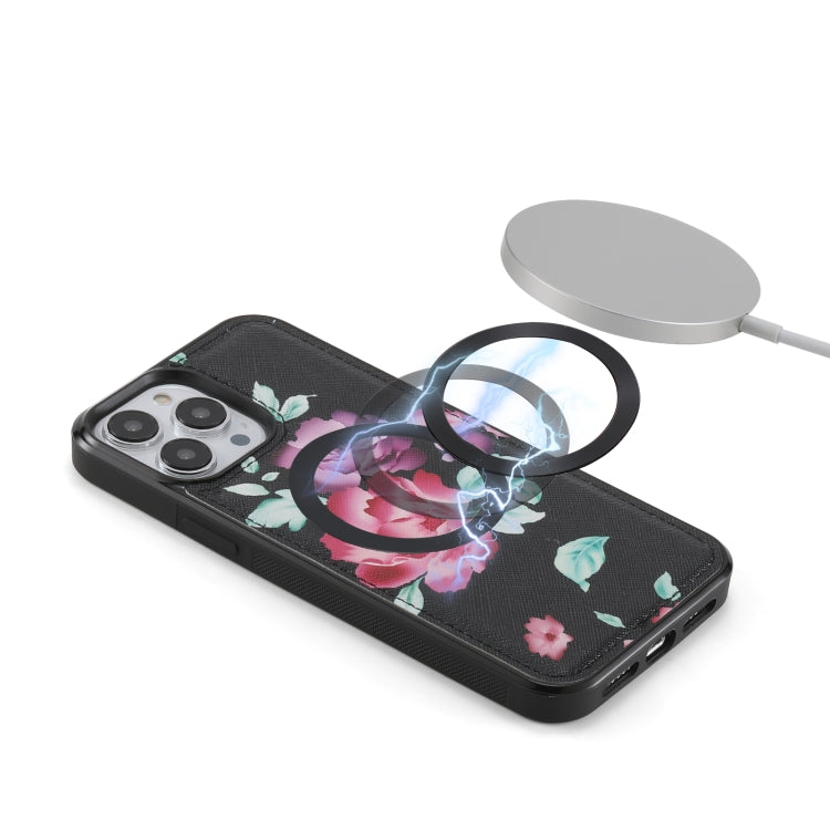 For iPhone 13 Pro Max Flower Multi-functional Crossbody Zipper Wallet MagSafe Leather Phone Case(Black) by bashfashion