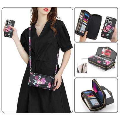 For iPhone 13 Pro Max Flower Multi-functional Crossbody Zipper Wallet MagSafe Leather Phone Case(Black) by bashfashion