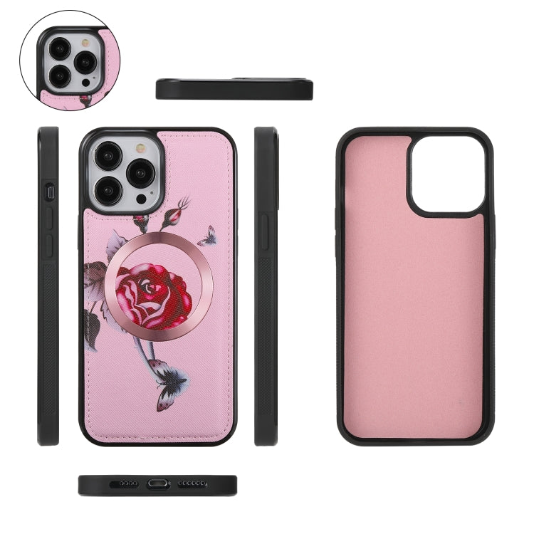 For iPhone 13 Pro Max Flower Multi-functional Crossbody Zipper Wallet MagSafe Leather Phone Case(Pink) by bashfashion
