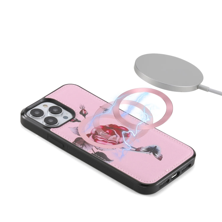 For iPhone 13 Pro Max Flower Multi-functional Crossbody Zipper Wallet MagSafe Leather Phone Case(Pink) by bashfashion