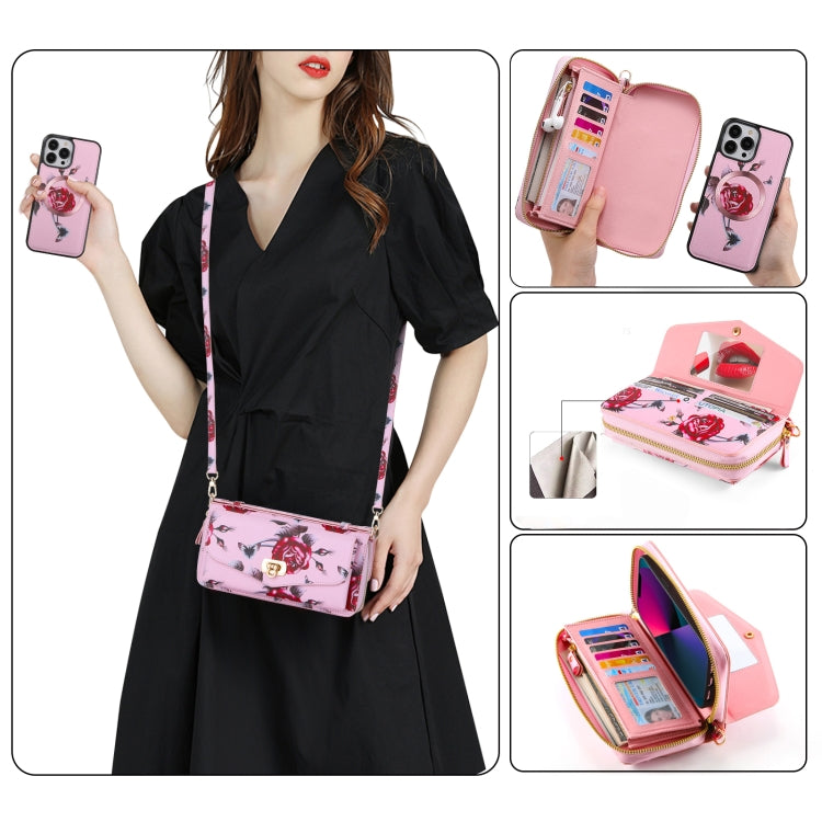 For iPhone 13 Pro Max Flower Multi-functional Crossbody Zipper Wallet MagSafe Leather Phone Case(Pink) by bashfashion