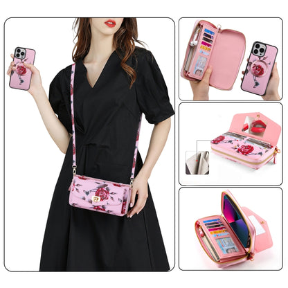 For iPhone 13 Pro Max Flower Multi-functional Crossbody Zipper Wallet MagSafe Leather Phone Case(Pink) by bashfashion