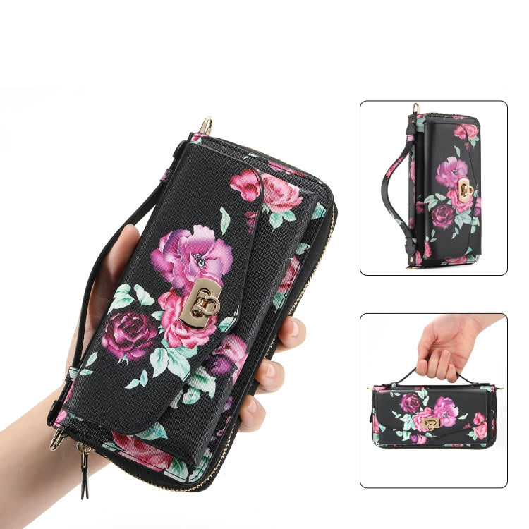 For iPhone 12 Pro Max Flower Multi-functional Crossbody Zipper Wallet MagSafe Leather Phone Case(Black) by bashfashion