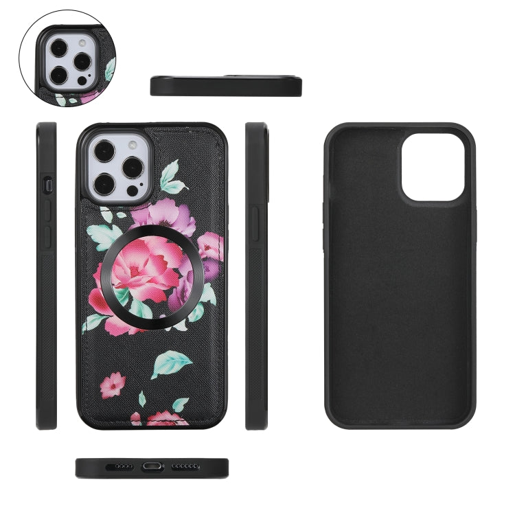 For iPhone 12 Pro Max Flower Multi-functional Crossbody Zipper Wallet MagSafe Leather Phone Case(Black) by bashfashion