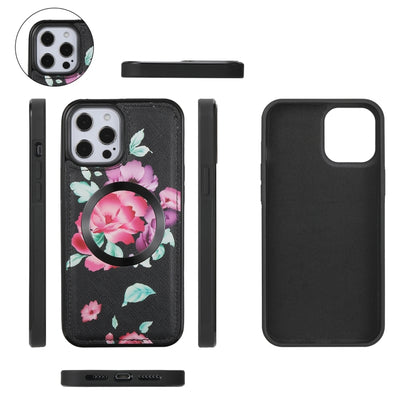 For iPhone 12 Pro Max Flower Multi-functional Crossbody Zipper Wallet MagSafe Leather Phone Case(Black) by bashfashion