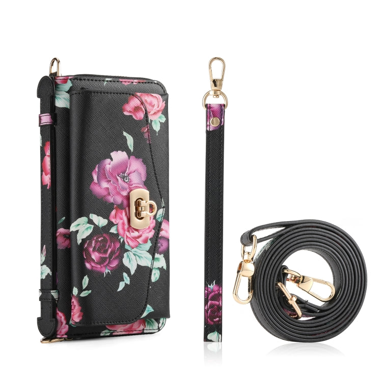 For iPhone 12 Pro Max Flower Multi-functional Crossbody Zipper Wallet MagSafe Leather Phone Case(Black) by bashfashion