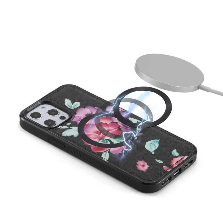 For iPhone 12 Pro Max Flower Multi-functional Crossbody Zipper Wallet MagSafe Leather Phone Case(Black) by bashfashion
