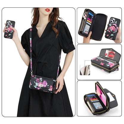 For iPhone 12 Pro Max Flower Multi-functional Crossbody Zipper Wallet MagSafe Leather Phone Case(Black) by bashfashion