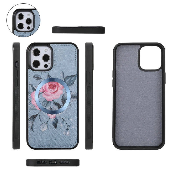 For iPhone 12 Pro Max Flower Multi-functional Crossbody Zipper Wallet MagSafe Leather Phone Case(Blue) by bashfashion