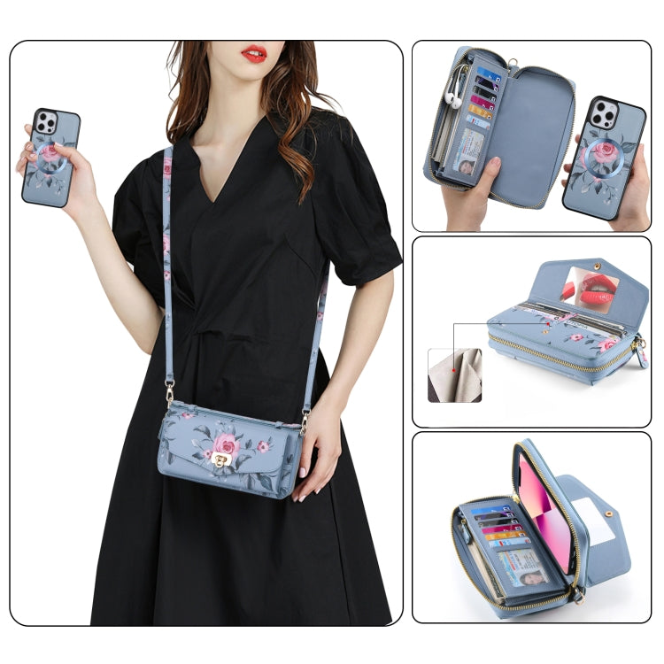 For iPhone 12 Pro Max Flower Multi-functional Crossbody Zipper Wallet MagSafe Leather Phone Case(Blue) by bashfashion