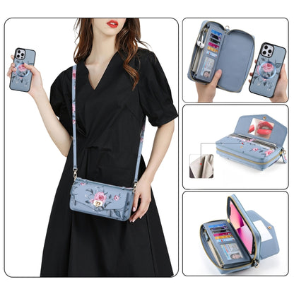For iPhone 12 Pro Max Flower Multi-functional Crossbody Zipper Wallet MagSafe Leather Phone Case(Blue) by bashfashion