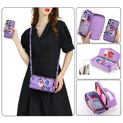 For iPhone 12 Pro Max Flower Multi-functional Crossbody Zipper Wallet MagSafe Leather Phone Case(Purple) by bashfashion