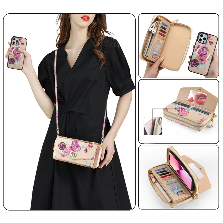 For iPhone 12 Pro Max Flower Multi-functional Crossbody Zipper Wallet MagSafe Leather Phone Case(Yellow) by bashfashion