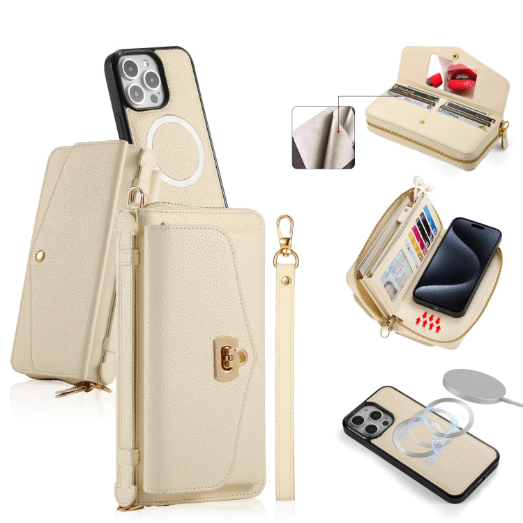 For iPhone 15 Pro Max MagSafe Crossbody Multi-functional Zipper Wallet Litchi Leather Phone Case(White) by bashfashion