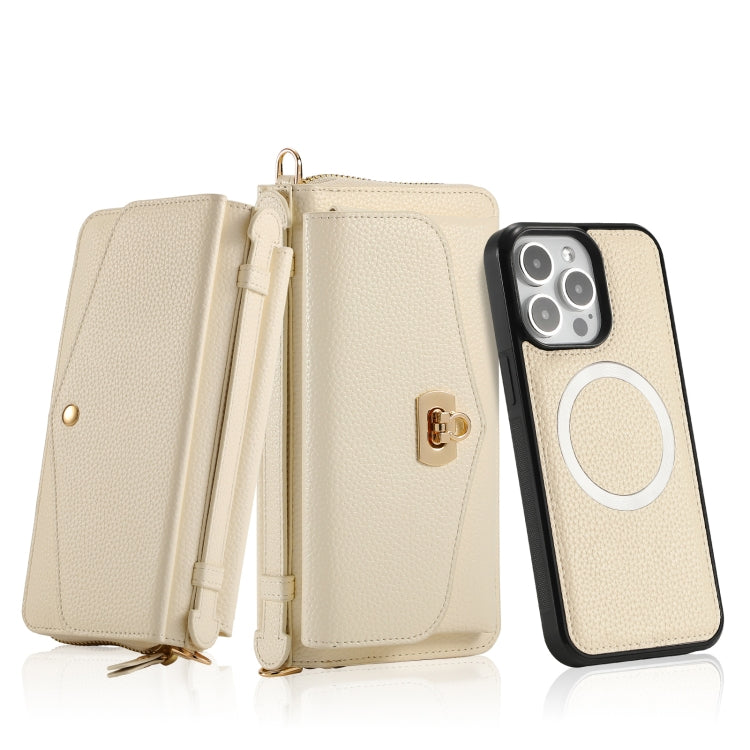 For iPhone 15 Pro Max MagSafe Crossbody Multi-functional Zipper Wallet Litchi Leather Phone Case(White) by bashfashion