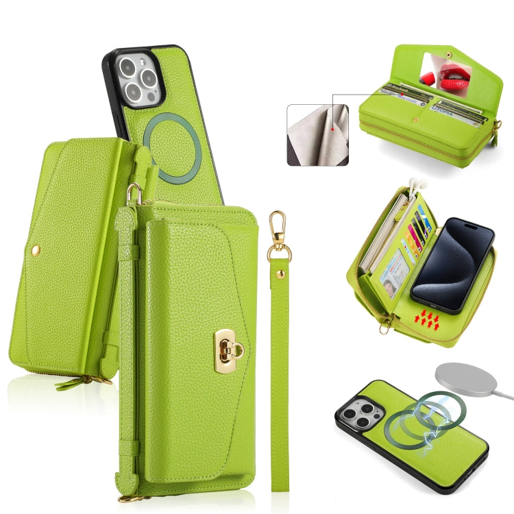 For iPhone 15 Pro Max MagSafe Crossbody Multi-functional Zipper Wallet Litchi Leather Phone Case(Green) by bashfashion