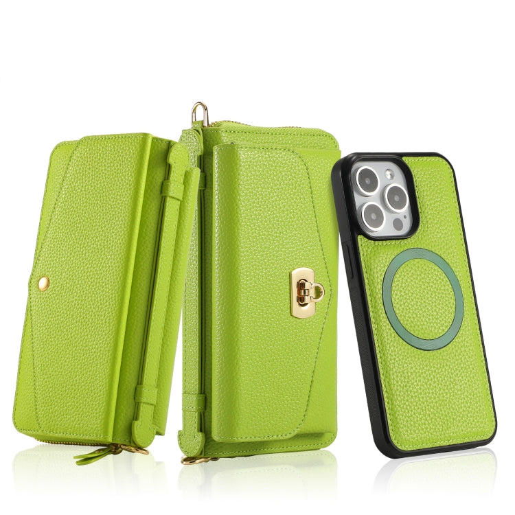 For iPhone 15 Pro Max MagSafe Crossbody Multi-functional Zipper Wallet Litchi Leather Phone Case(Green) by bashfashion