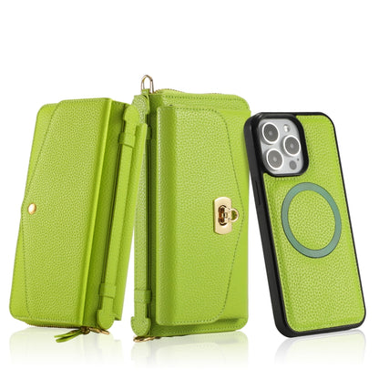 For iPhone 15 Pro Max MagSafe Crossbody Multi-functional Zipper Wallet Litchi Leather Phone Case(Green) by bashfashion