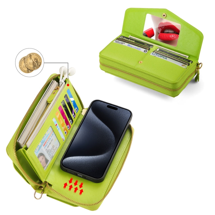 For iPhone 15 Pro Max MagSafe Crossbody Multi-functional Zipper Wallet Litchi Leather Phone Case(Green) by bashfashion