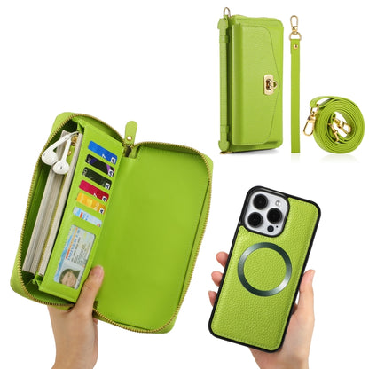 For iPhone 15 Pro Max MagSafe Crossbody Multi-functional Zipper Wallet Litchi Leather Phone Case(Green) by bashfashion