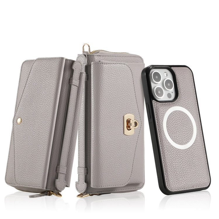 For iPhone 15 Pro Max MagSafe Crossbody Multi-functional Zipper Wallet Litchi Leather Phone Case(Grey) by bashfashion