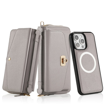 For iPhone 15 Pro Max MagSafe Crossbody Multi-functional Zipper Wallet Litchi Leather Phone Case(Grey) by bashfashion