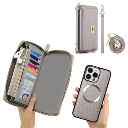 For iPhone 15 Pro Max MagSafe Crossbody Multi-functional Zipper Wallet Litchi Leather Phone Case(Grey) by bashfashion