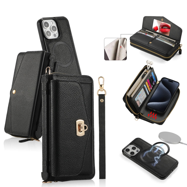 For iPhone 15 Pro Max MagSafe Crossbody Multi-functional Zipper Wallet Litchi Leather Phone Case(Black) by bashfashion