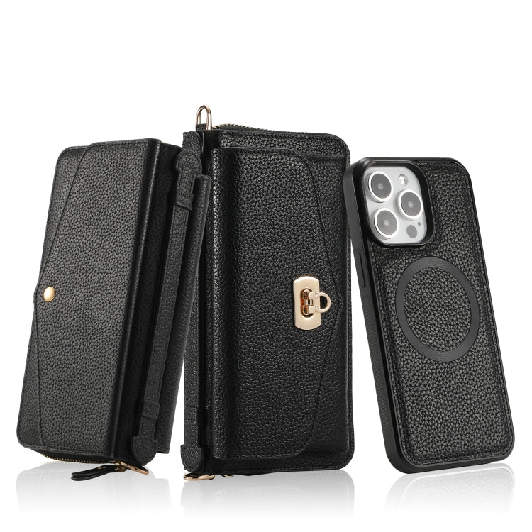 For iPhone 15 Pro Max MagSafe Crossbody Multi-functional Zipper Wallet Litchi Leather Phone Case(Black) by bashfashion