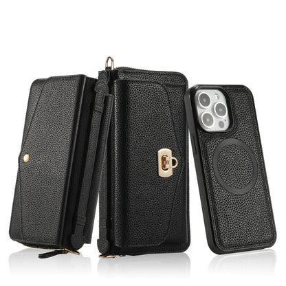 For iPhone 15 Pro Max MagSafe Crossbody Multi-functional Zipper Wallet Litchi Leather Phone Case(Black) by bashfashion