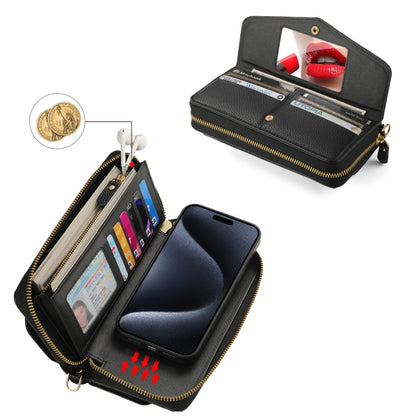 For iPhone 15 Pro Max MagSafe Crossbody Multi-functional Zipper Wallet Litchi Leather Phone Case(Black) by bashfashion