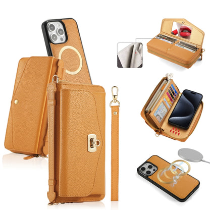 For iPhone 15 Pro MagSafe Crossbody Multi-functional Zipper Wallet Litchi Leather Phone Case(Orange) by bashfashion