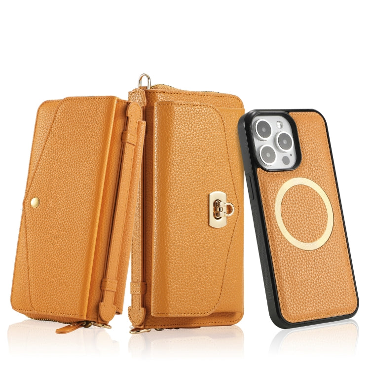 For iPhone 15 Pro MagSafe Crossbody Multi-functional Zipper Wallet Litchi Leather Phone Case(Orange) by bashfashion